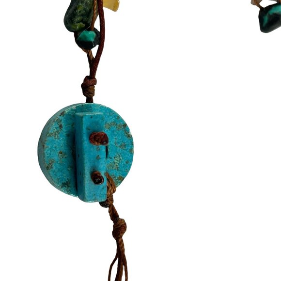 Boho Multistrand Stone Chip Necklace Brown Cord Turquoise Donut Toggle Y Tassel - Picture 4 of 11